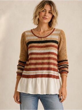 STERLING MIXED MEDIA STRIPE SWEATER GAUZEY KNIT PEPLUM HEM BOHO BOUTIQUE SIZE M